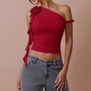 Burgundy Preppy Women's Oblique Collar Rhinestone Tank